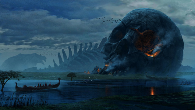 Giant dinosaur water boat fantasy free wallpaper for desktop - medium preview image