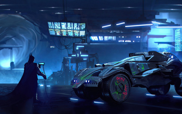 Batman car futuristic city night free wallpaper for desktop - medium preview image