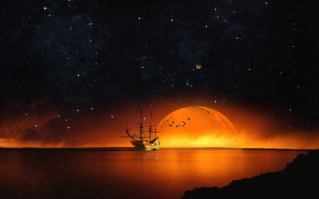 Full moon starry sky ship free wallpaper for desktop - medium preview image