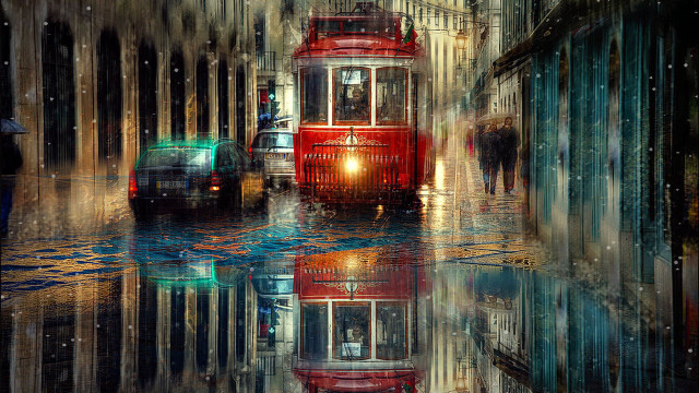 Red trolley street reflection cityscape free wallpaper for desktop - medium preview image