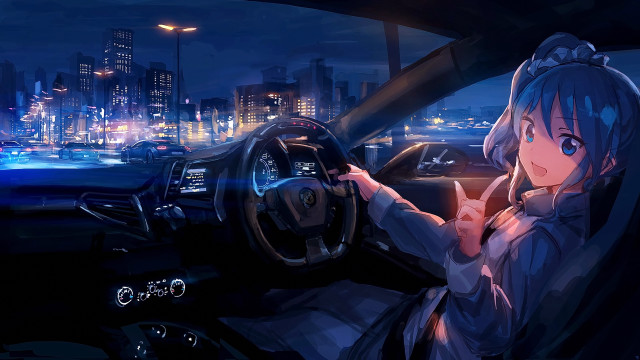 Woman driving city night skyline free wallpaper for desktop - medium preview image