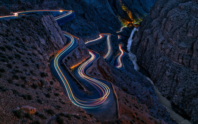 Winding road lights mountains night #2 free wallpaper for desktop - medium preview image