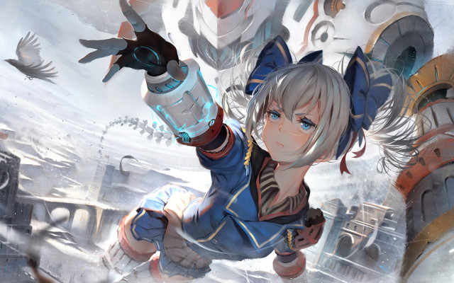 Woman blue outfit gun flying free wallpaper for desktop - medium preview image