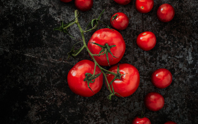 Tomatoes black surface green stems free wallpaper for desktop - medium preview image