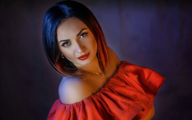 Woman red dress purple background #2 free wallpaper for desktop - medium preview image