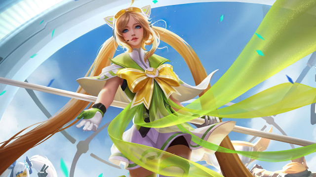 Cartoon girl sword green ribbon free wallpaper for desktop - medium preview image
