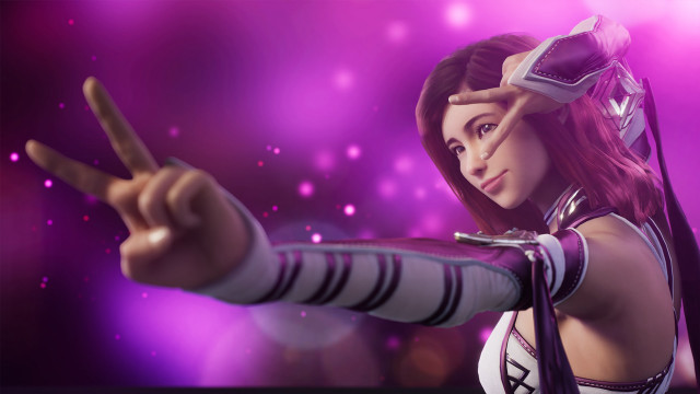 Woman costume pointing purple light free wallpaper for desktop - medium preview image