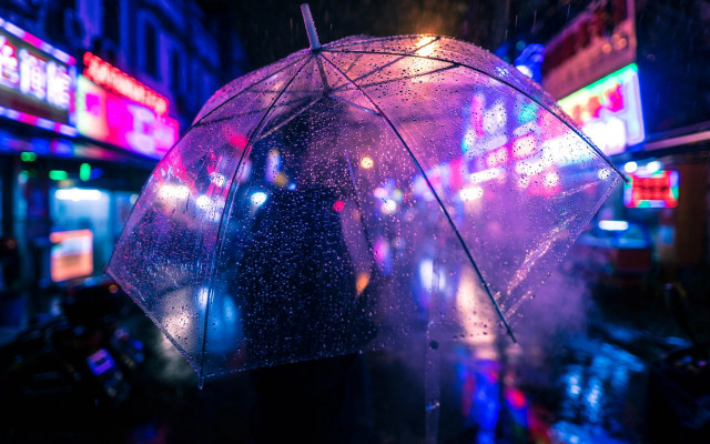 Night city neon umbrella rain free wallpaper for desktop - medium preview image