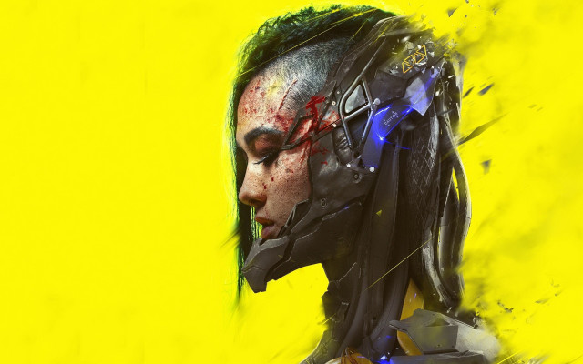 Futuristic helmet green hair blood free wallpaper for desktop - medium preview image