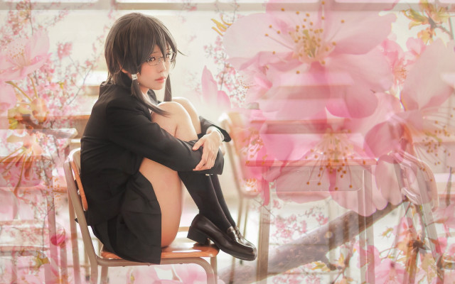 Woman sitting cherry blossoms floral free wallpaper for desktop - medium preview image