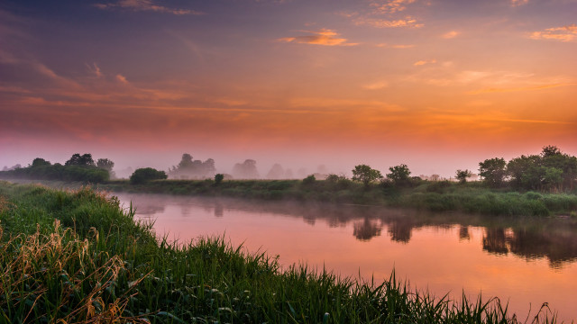 River trees grass sunset fog free wallpaper for desktop - medium preview image