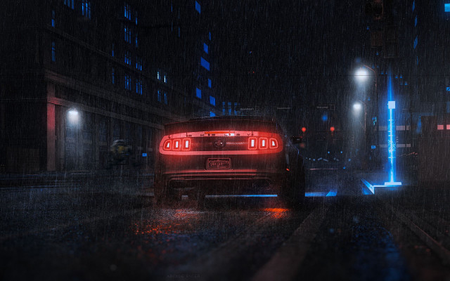 Red car rainy night cityscape free wallpaper for desktop - medium preview image