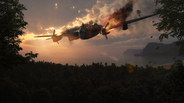 Plane sunset forest smoke explosion free wallpaper for desktop - medium preview image