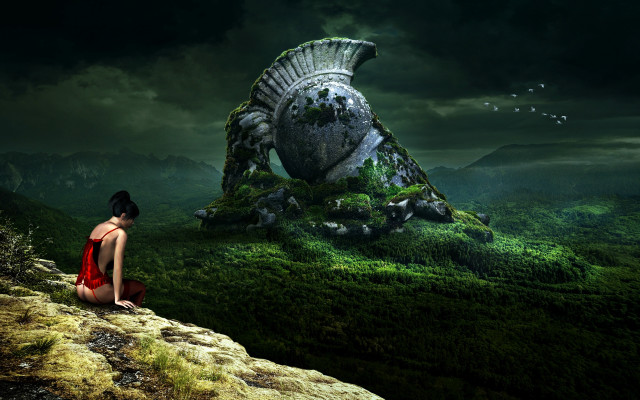 Woman red dress giant creature free wallpaper for desktop - medium preview image