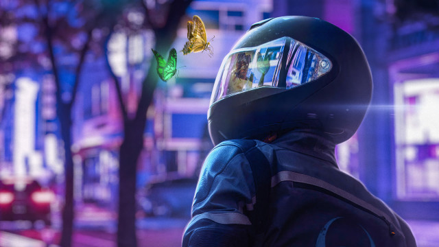 Cyberpunk city blur neon butterfly free wallpaper for desktop - medium preview image