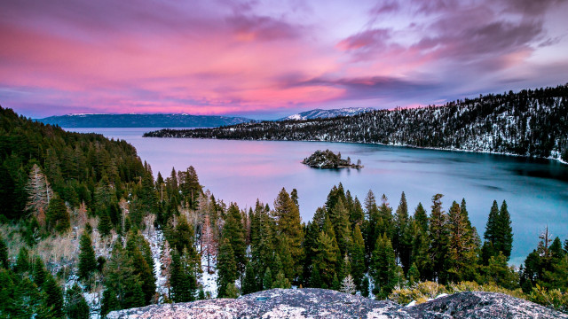 Lake mountain trees pink sky free wallpaper for desktop - medium preview image
