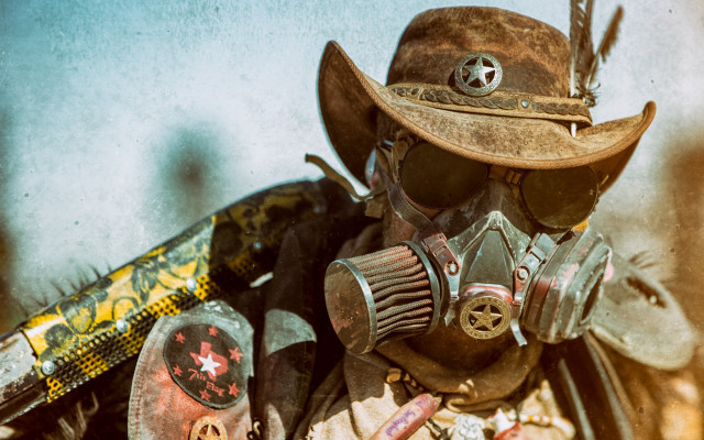 Man gasmask hat feather pipe free wallpaper for desktop - medium preview image