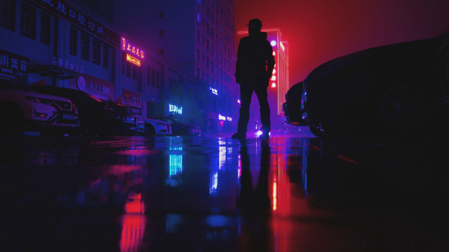 Man street night neon cyberpunk free wallpaper for desktop - medium preview image