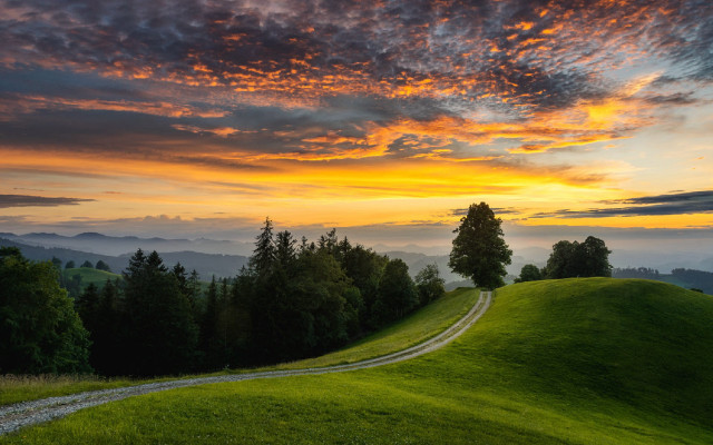 Grassy hill path sunset clouds free wallpaper for desktop - medium preview image