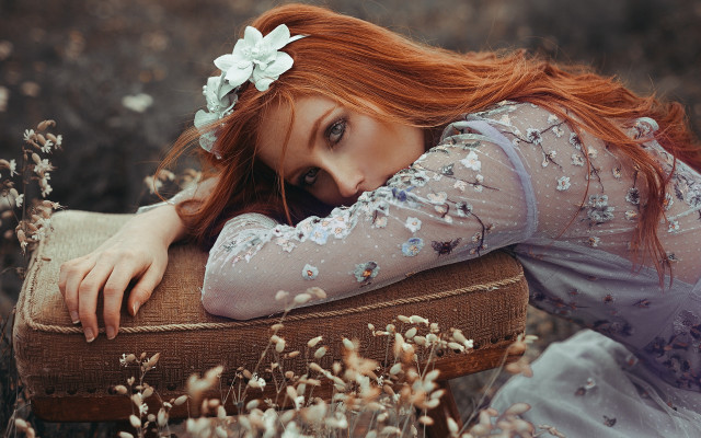 Red haired woman sitting flower free wallpaper for desktop - medium preview image
