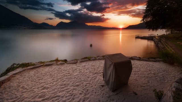 Sunset beach lake mountains urban free wallpaper for desktop - medium preview image