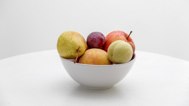 Bowl apples pears tabletop white free wallpaper for desktop - medium preview image