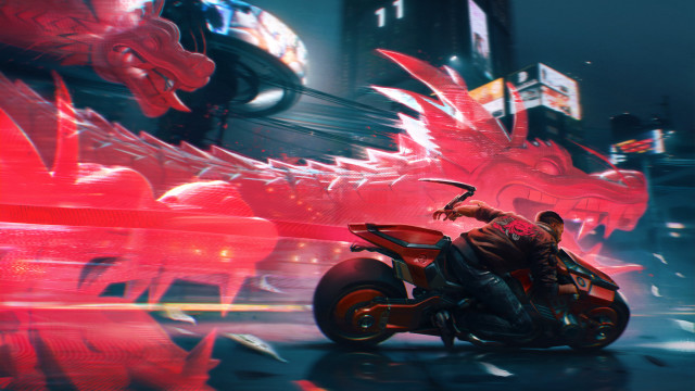 Man motorcycle cyberpunk red dragon free wallpaper for desktop - medium preview image