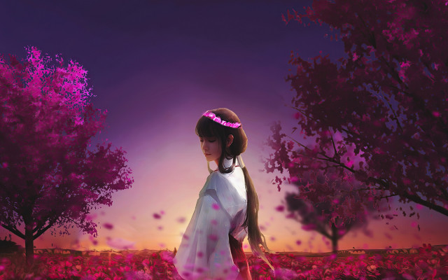 Girl field flowers pink headband free wallpaper for desktop - medium preview image