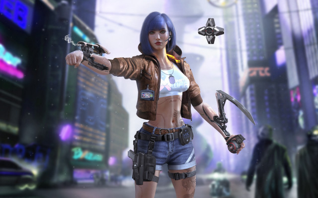 Futuristic woman cyberpunk neon city free wallpaper for desktop - medium preview image