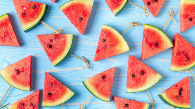 Watermelon slices blue table summer free wallpaper for desktop - medium preview image