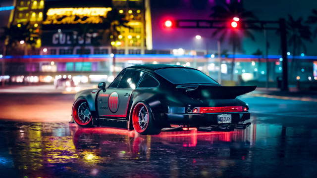Cyberpunk car wet street night free wallpaper for desktop - medium preview image