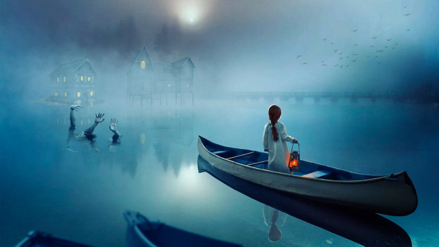 Woman boat lake house birds free wallpaper for desktop - medium preview image