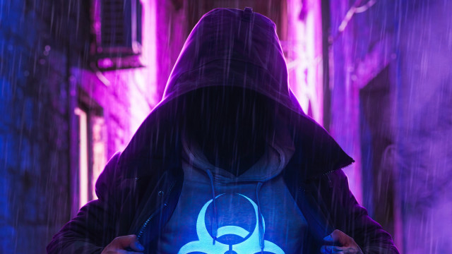 Hooded person glowing biohazard rain free wallpaper for desktop - medium preview image
