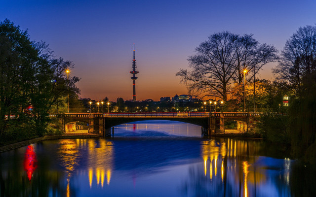 Bridge river tower city lights free wallpaper for desktop - medium preview image