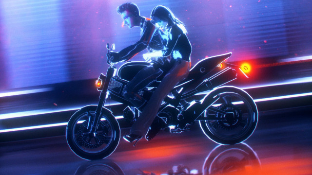 Man motorcycle city night neon #2 free wallpaper for desktop - medium preview image