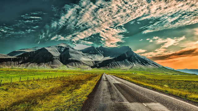 Mountain road field sky lake free wallpaper for desktop - medium preview image