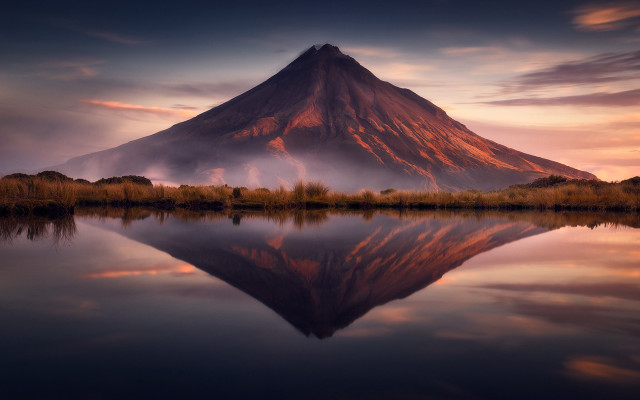 Mountain reflection sunset pink clouds free wallpaper for desktop - medium preview image