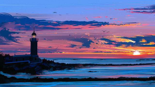 Lighthouse sunset bird beach ocean free wallpaper for desktop - medium preview image