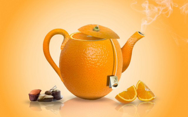 Orange teapot citrus surrealism 3d free wallpaper for desktop - medium preview image