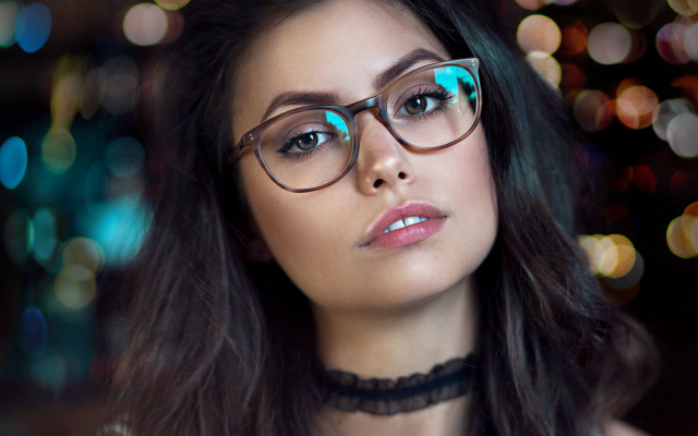 Woman glasses choker bokeh lights free wallpaper for desktop - medium preview image