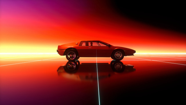 Red car sunset reflection synthwave free wallpaper for desktop - medium preview image