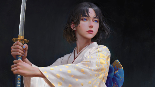 Woman sword kimono blue eyes free wallpaper for desktop - medium preview image