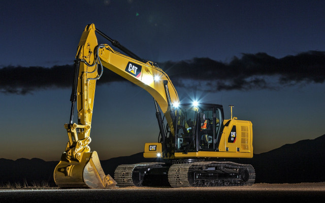 Yellow excavator night road lights free wallpaper for desktop - medium preview image
