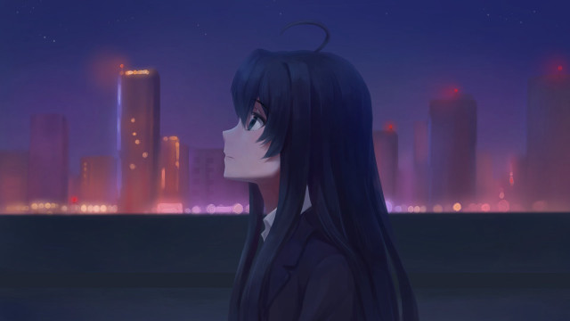 Woman cityscape night sky stars free wallpaper for desktop - medium preview image