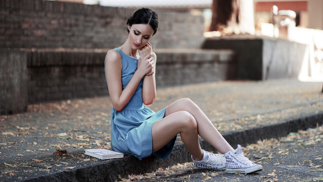 Woman sitting curb blue dress free wallpaper for desktop - medium preview image