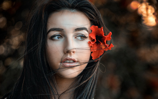 Woman flower black background portrait free wallpaper for desktop - medium preview image