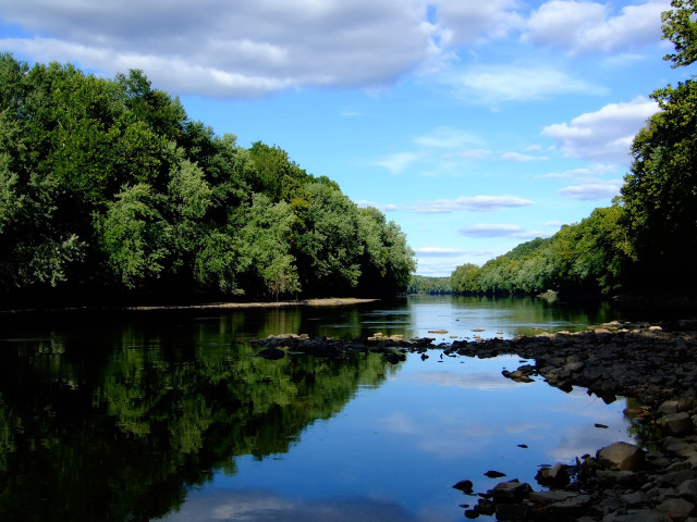 River rocks trees clouds sky free wallpaper for desktop - medium preview image