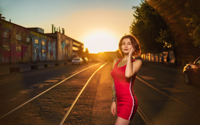 Woman red dress train track free wallpaper for desktop - medium preview image