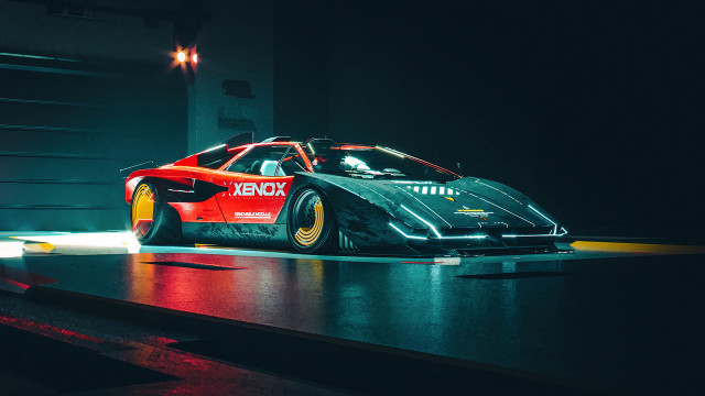 Retrocar dark garage red yellow free wallpaper for desktop - medium preview image