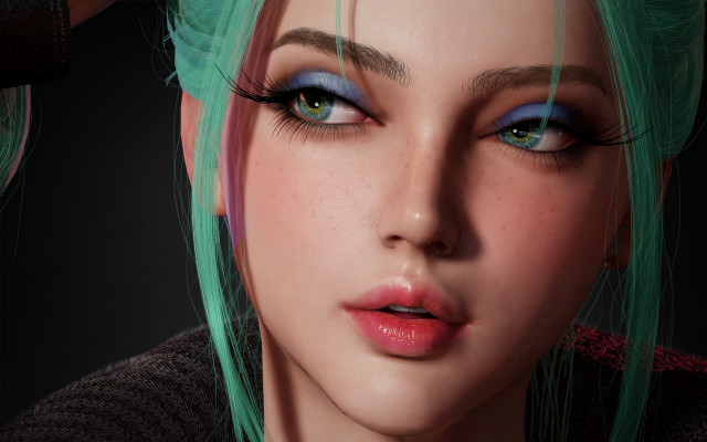 Green hair blue eyes portrait free wallpaper for desktop - medium preview image